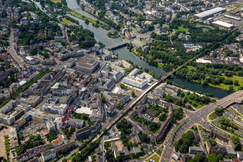 Aerial photograph Mülheim an der Ruhr - City view on down town in Muelheim on the Ruhr at Ruhrgebiet in the state North Rhine-Westphalia, Germany