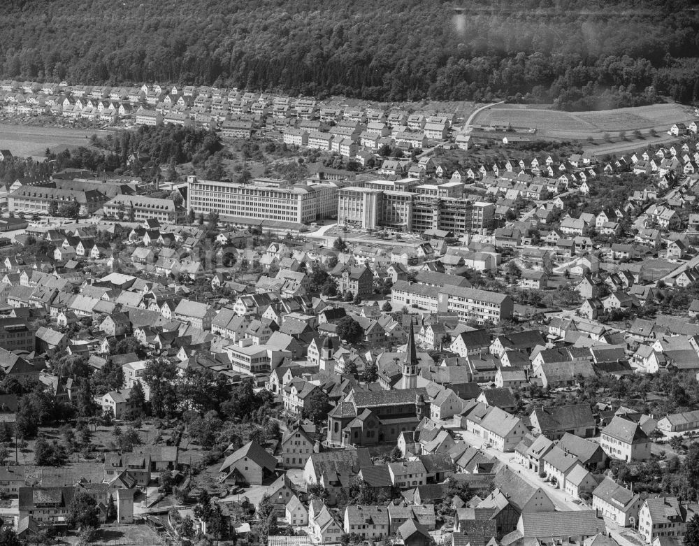 Oberkochen from above - City view on down town on street Carl-Zeiss-Strasse in Oberkochen in the state Baden-Wuerttemberg, Germany