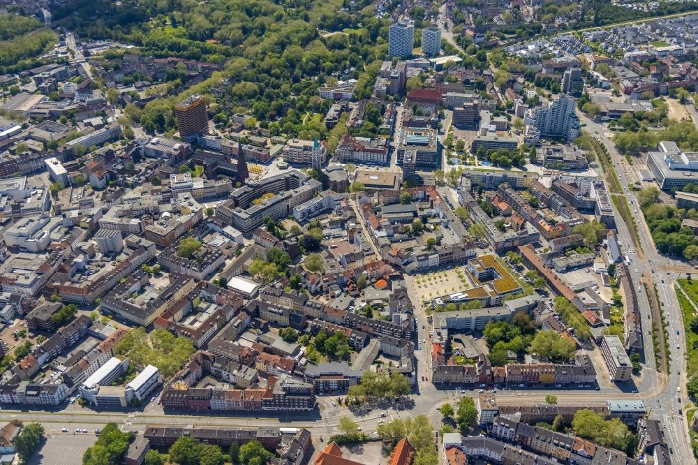 Gelsenkirchen from the bird's eye view: City view on down town on Florastrasse in the district Altstadt in Gelsenkirchen at Ruhrgebiet in the state North Rhine-Westphalia, Germany