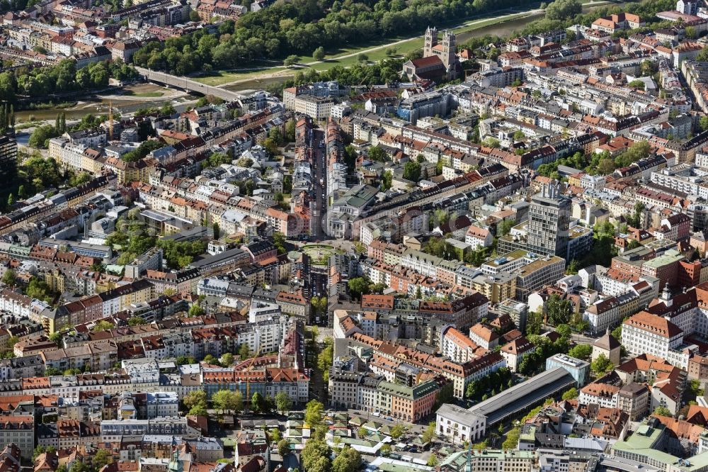 Aerial image München - City view on down town in the district Glockenbachviertel in Munich in the state Bavaria, Germany