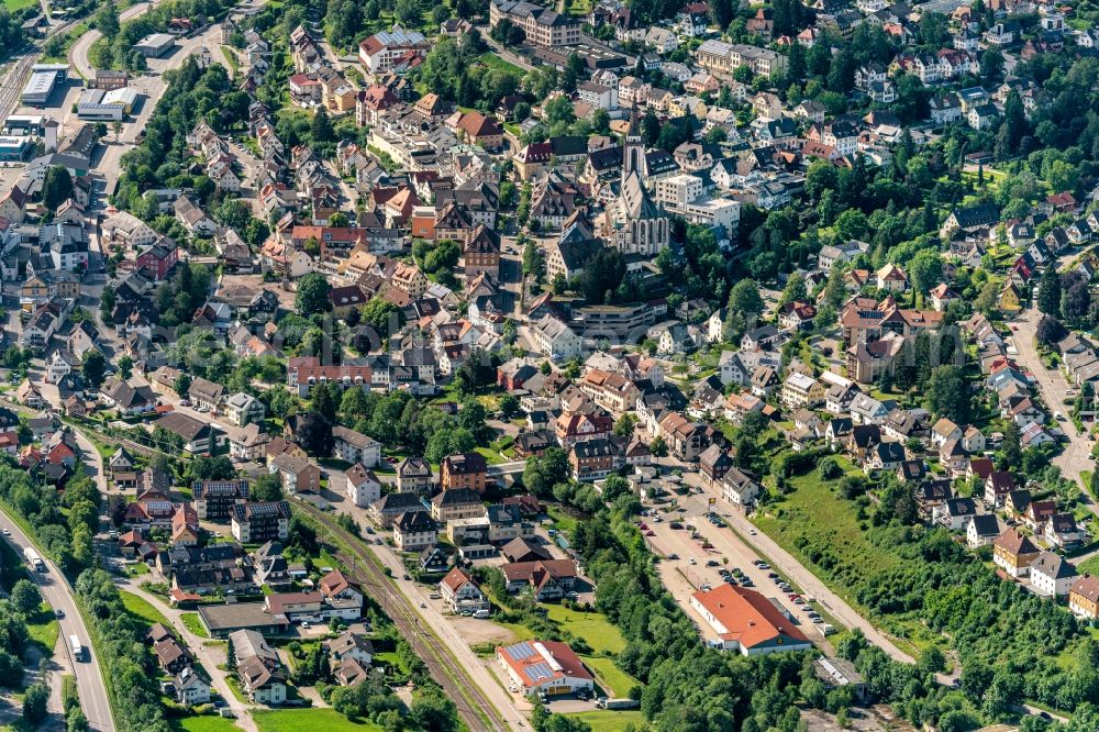 Titisee-Neustadt from above - City view on down town Oststadt Donaueschinger Strasse in Titisee-Neustadt in the state Baden-Wuerttemberg, Germany
