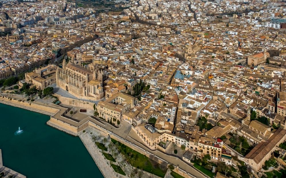 Aerial image Palma - City view of the inner city area in Palma with cathedral and Parc de la Mar in Balearic island Mallorca, Spain