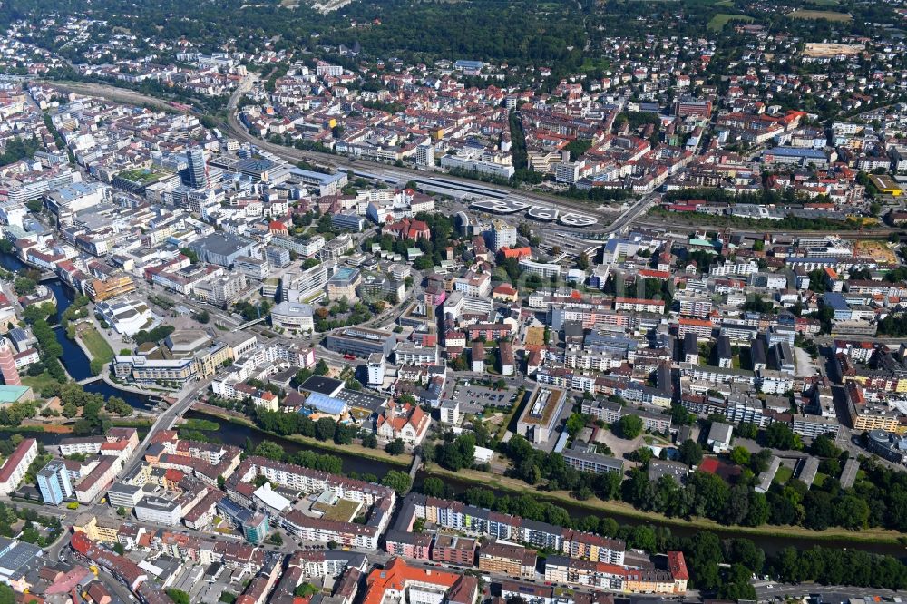 Pforzheim from above - City view from the city centre with the main station Pforzheim and the central bus station (ZOB) in Pforzheim in the federal state Baden-Wuerttemberg, Germany