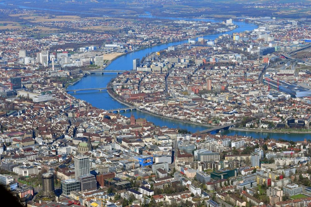 Aerial photograph Basel - City view on down town and the river Rhine in Basel, Switzerland