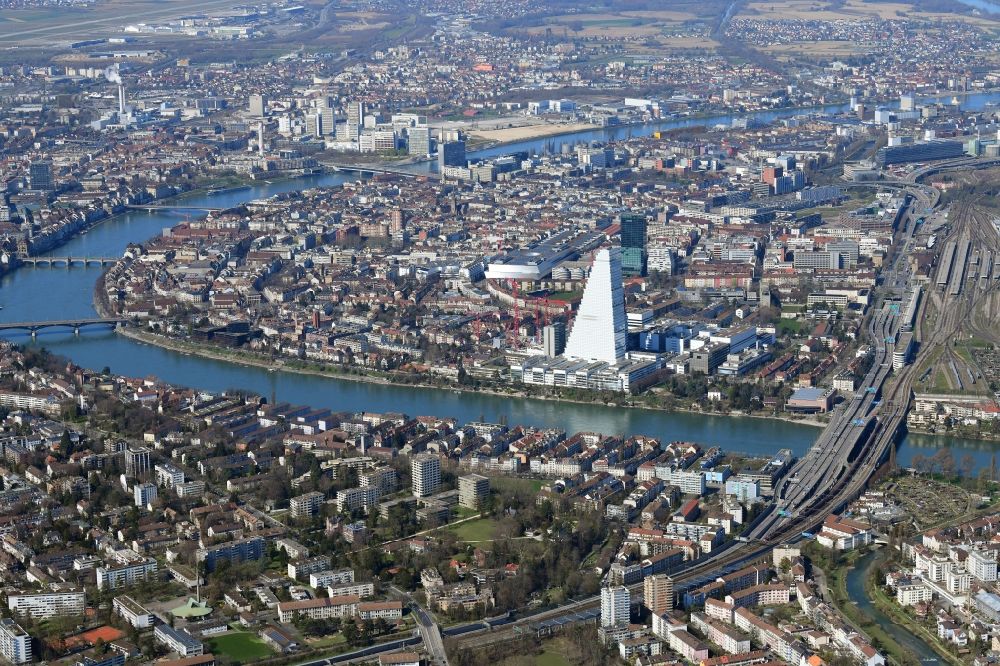 Basel from above - City view with the impressive Roche Tower and the river Rhine in Basle, Switzerland