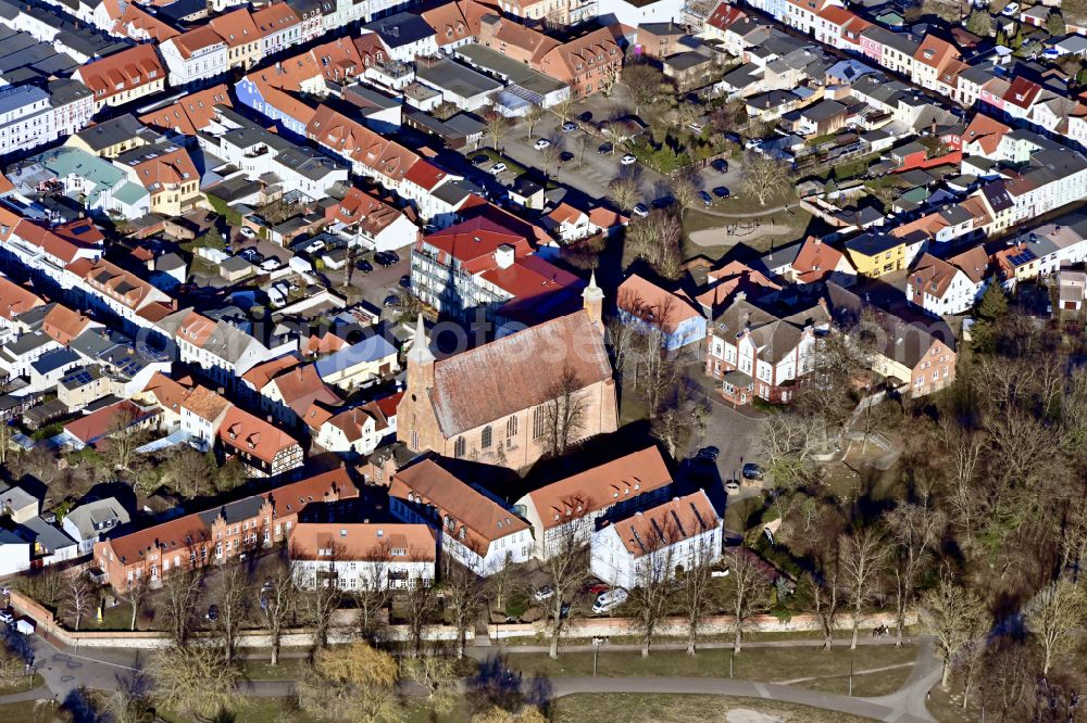 Ribnitz from above - City view of the city area of on street Lange Strasse in Ribnitz-Damgarten in the state Mecklenburg - Western Pomerania, Germany