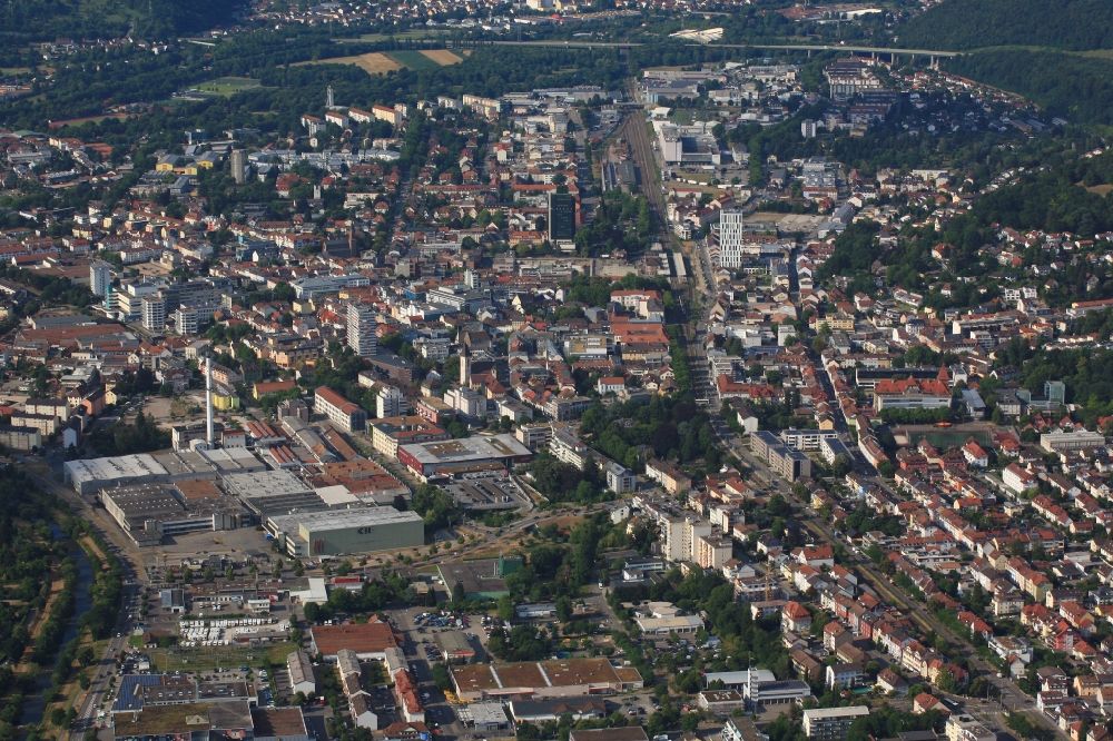 Aerial photograph Lörrach - City view of the center of Loerrach in the state Baden-Wurttemberg. In the foreground the factory premises of the textile company KBC