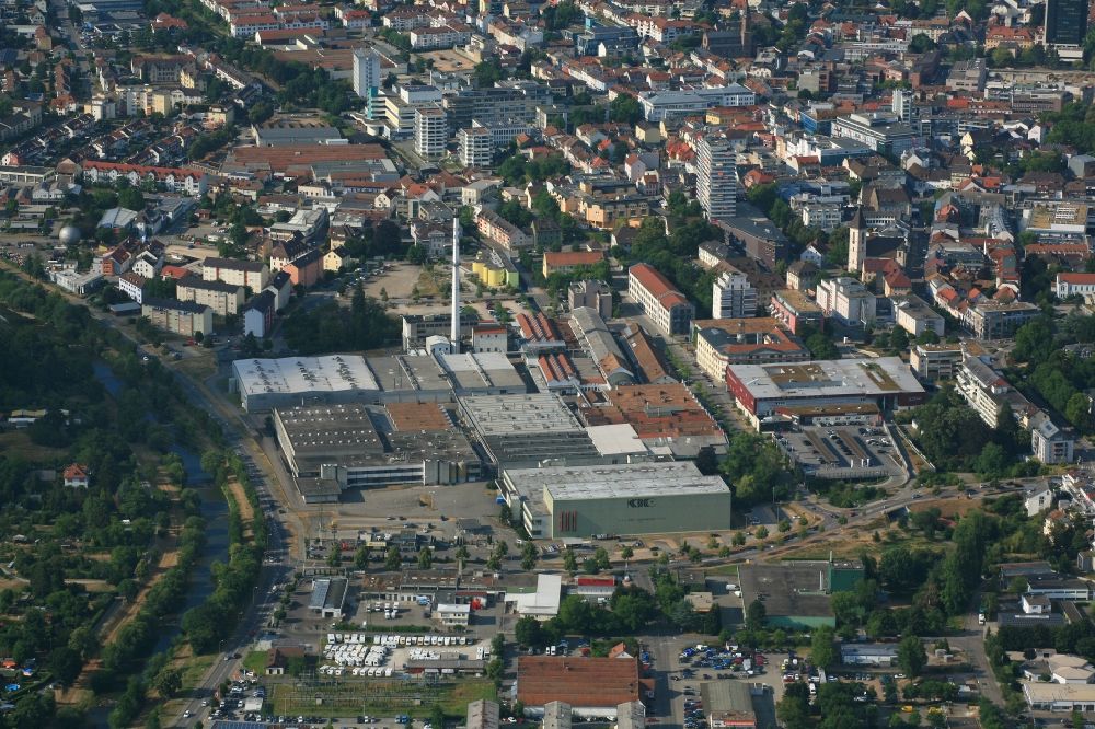 Lörrach from above - City view of the center of Loerrach in the state Baden-Wurttemberg. In the foreground the factory premises of the textile company KBC