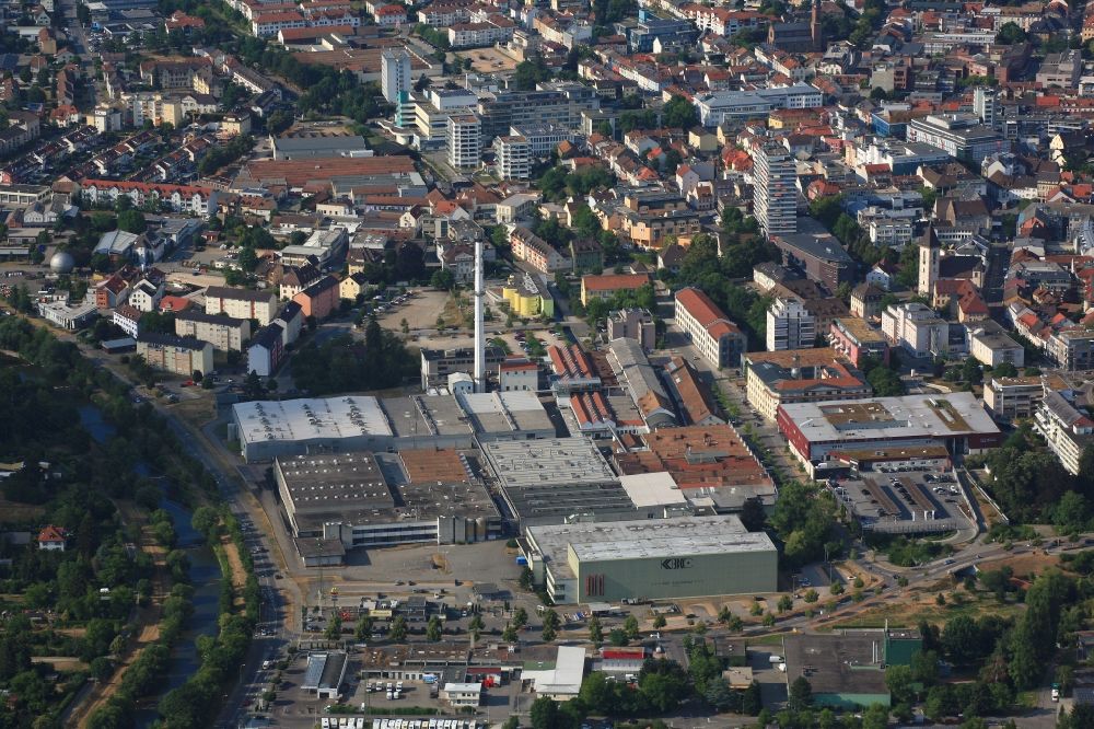 Lörrach from the bird's eye view: City view of the center of Loerrach in the state Baden-Wurttemberg. In the foreground the factory premises of the textile company KBC