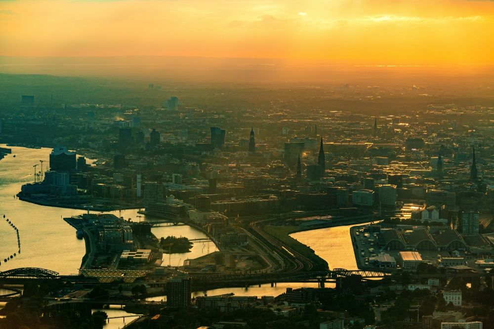 Hamburg from the bird's eye view: City view on down town by sunset on the shore of Elbe River in Hamburg, Germany