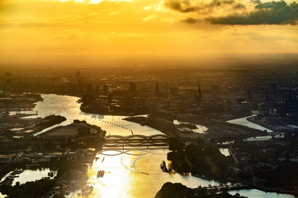 Aerial image Hamburg - City view on down town by sunset on the shore of Elbe River in Hamburg, Germany