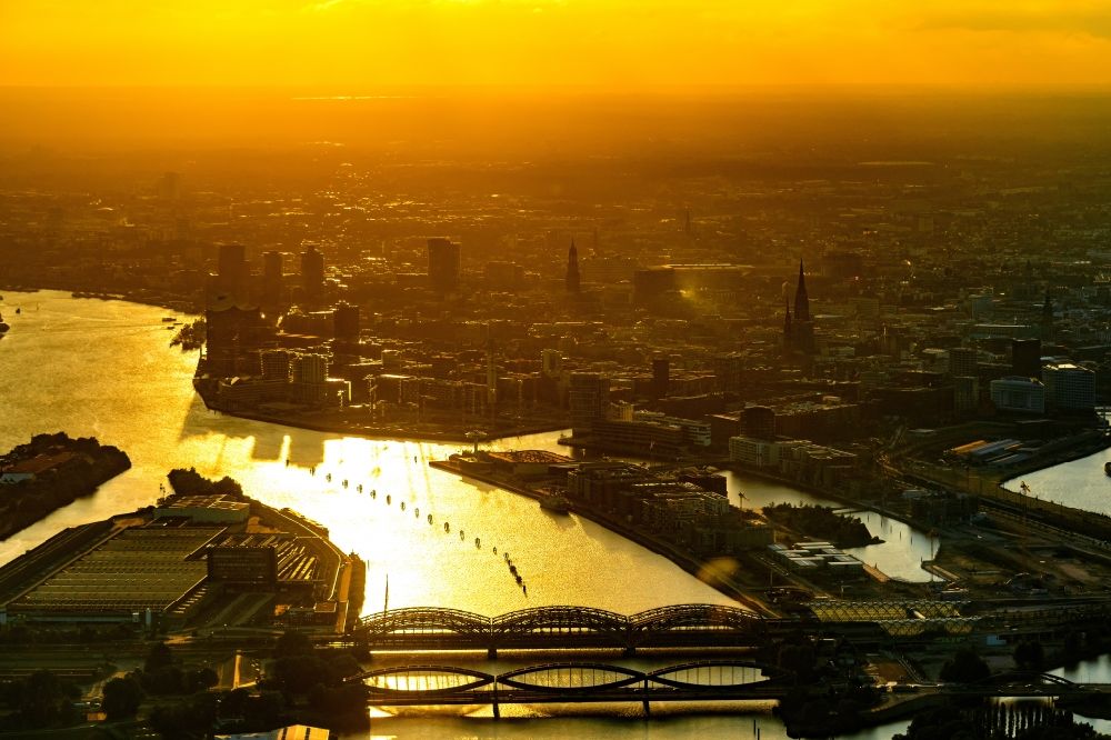 Aerial photograph Hamburg - City view on down town by sunset on the shore of Elbe River in Hamburg, Germany