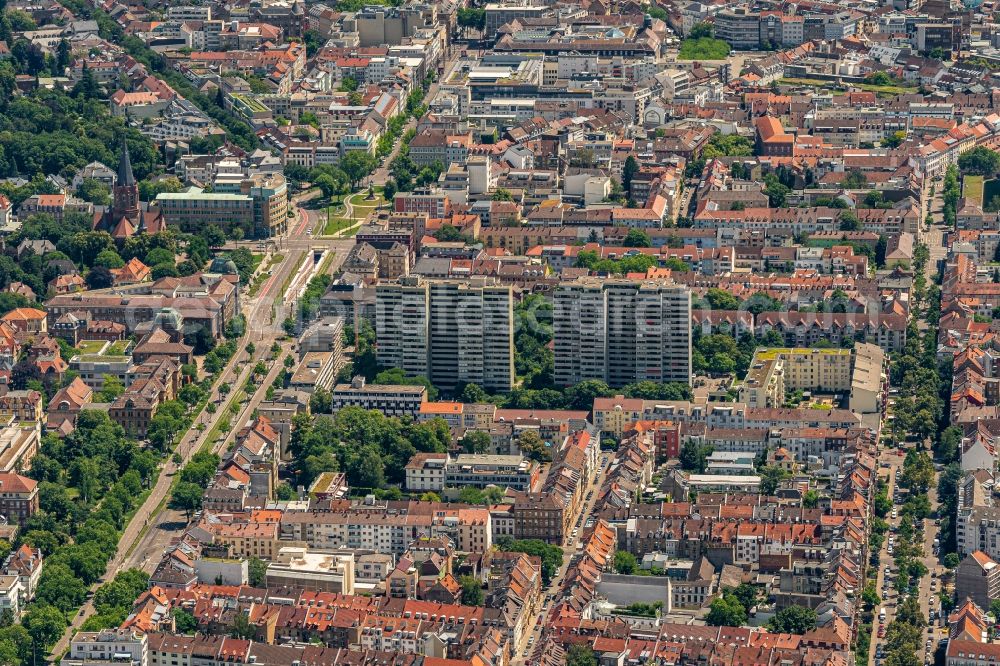 Aerial image Karlsruhe - City view on down town Der Weststadt with Kaiserallee in Karlsruhe in the state Baden-Wuerttemberg, Germany