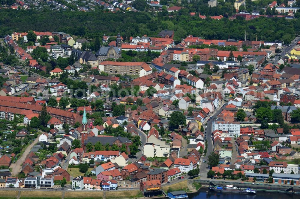 Wittenberge from the bird's eye view: City view of the center of Wittenberge in the state of Brandenburg. The town is the most populated town of the Prignitz region and includes a harbour on Stepenitz river where it meets the river Elbe