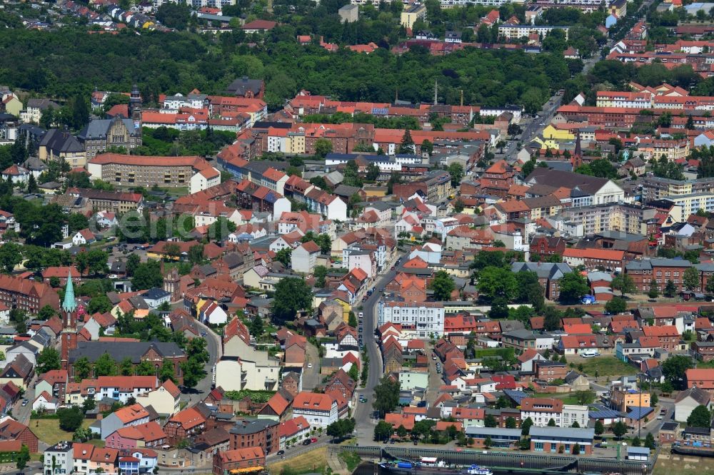 Aerial image Wittenberge - City view of the center of Wittenberge in the state of Brandenburg. The town is the most populated town of the Prignitz region and includes a harbour on Stepenitz river where it meets the river Elbe