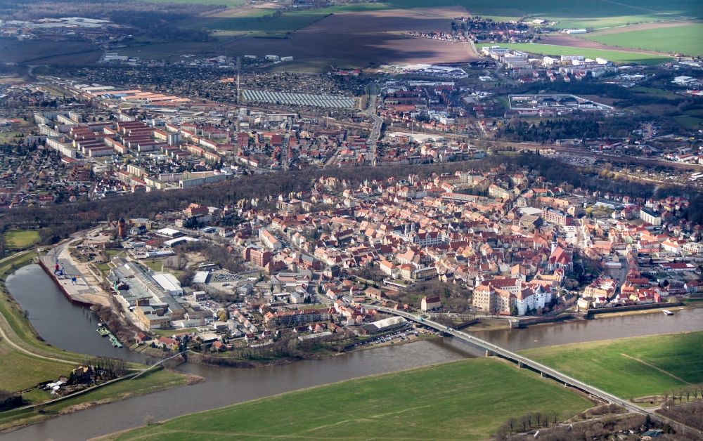 Aerial image Torgau - City view of downtown area of the old town with in Torgau in the state Saxony
