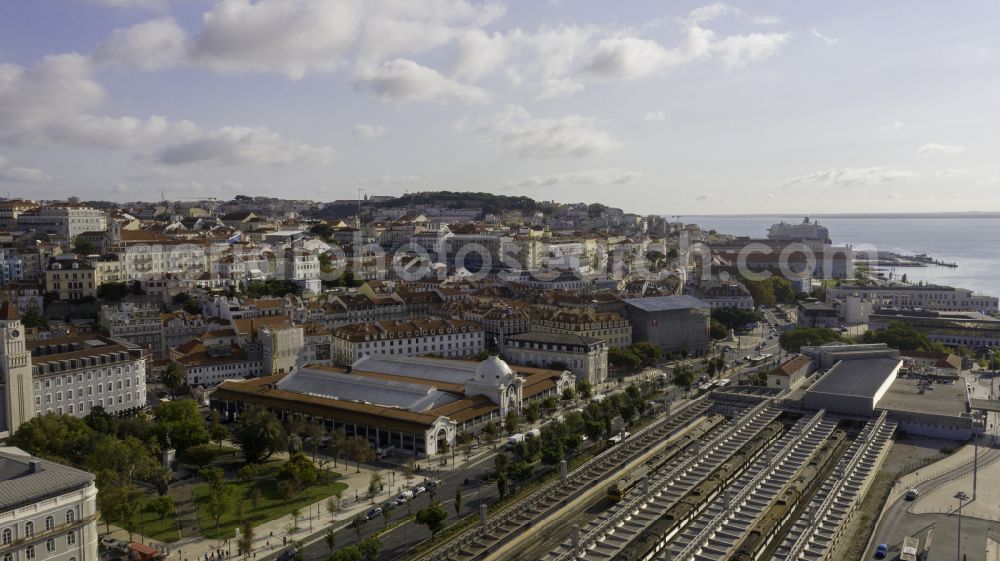 Lissabon from the bird's eye view: City view of downtown area on train station Cais do Sodre in Lisboa in Portugal