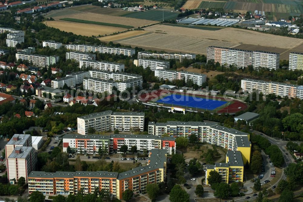 Erfurt from the bird's eye view: City view of downtown area of district Herrenberg with the sports ground Kaufland in Erfurt in the state Thuringia
