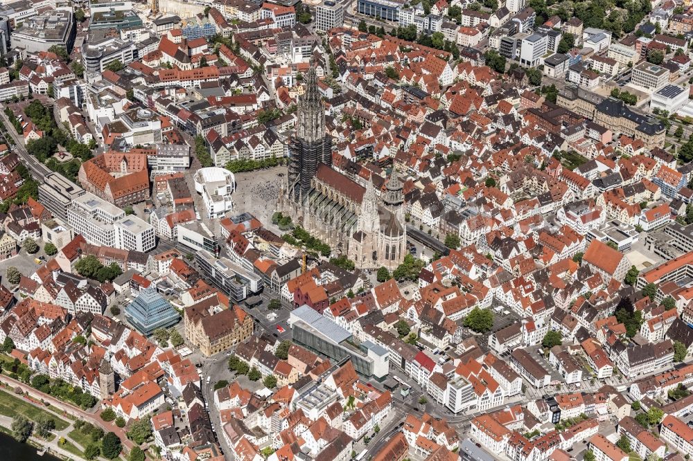 Aerial image Ulm - City view of downtown area with Ulmer Muenster in Ulm in the state Baden-Wurttemberg, Germany