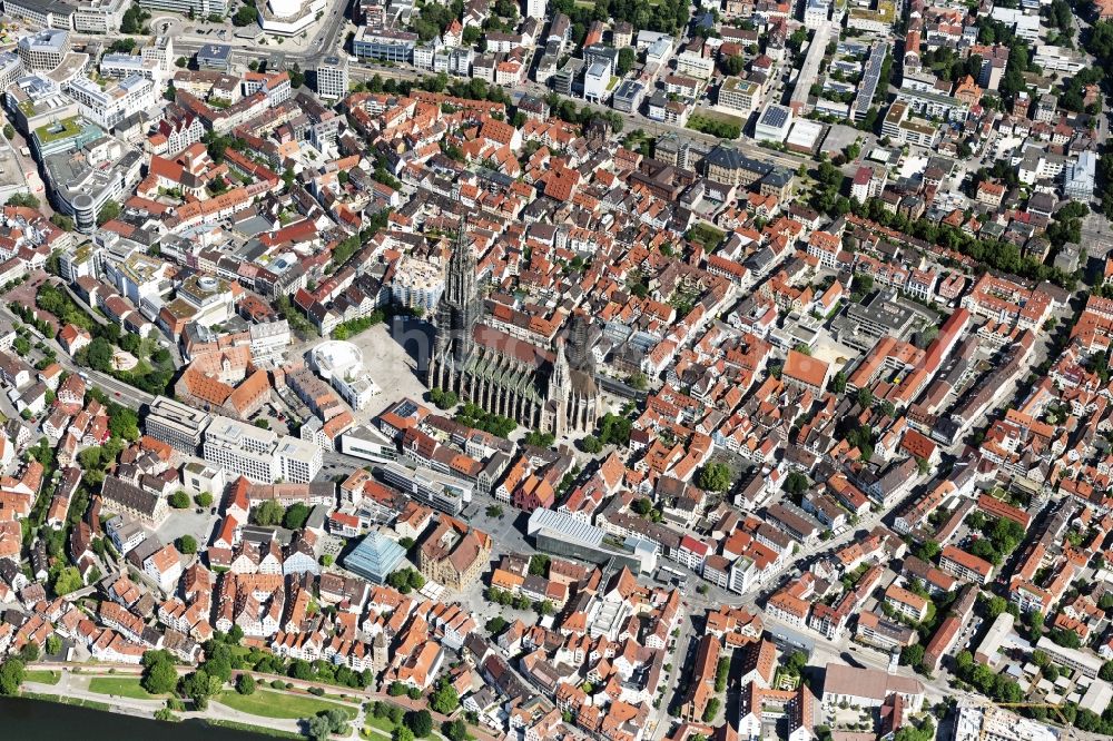 Ulm from above - City view of downtown area with Ulmer Muenster in Ulm in the state Baden-Wurttemberg, Germany
