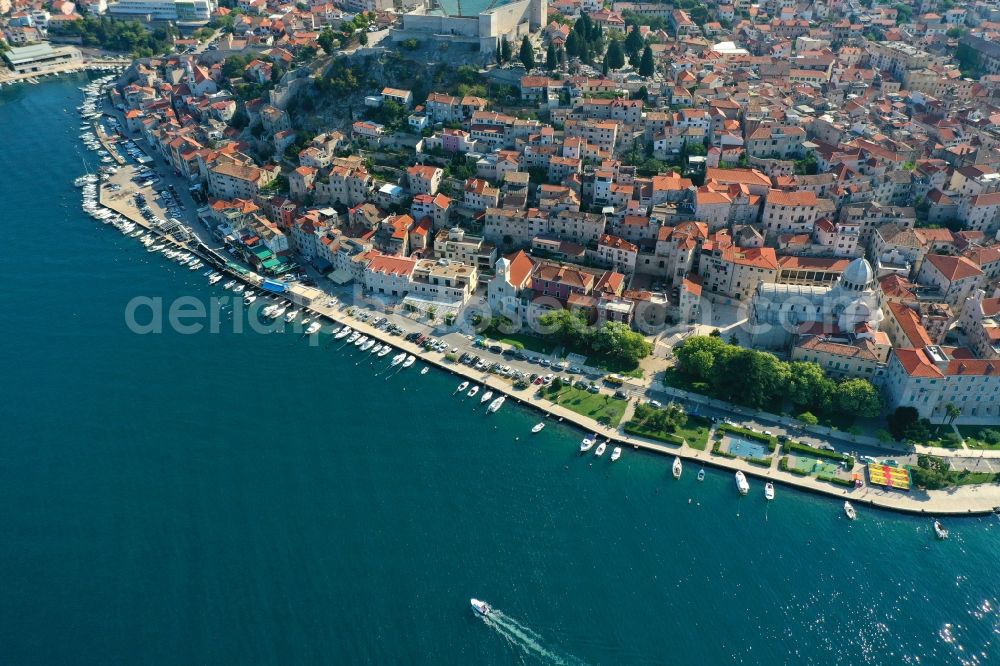 Sibenik from above - City view on sea coastline Adriatic Sea in Sibenik in Sibensko-kninska zupanija, Croatia