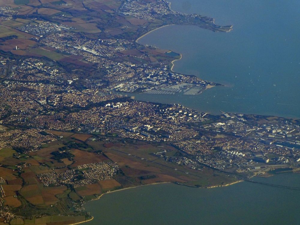 La Rochelle from the bird's eye view: City view and harbour on sea coastline of Atlantic in La Rochelle in Nouvelle-Aquitaine, France