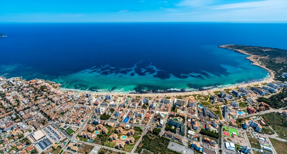 Aerial image Sant Llorenc des Cardassar - City view on sea coastline in the Bucht Badia de Son Servera in Sant Llorenc des Cardassar in Balearic island of Mallorca, Spain
