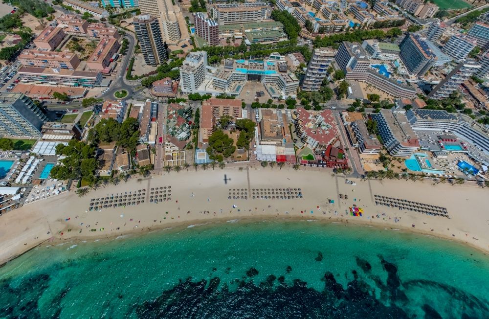 Aerial image Calvia - City view on sea coastline of Bucht on Sandstrand Platja de Magaluf overlooking the local hotels at Torrenova - Magaluf in Calvia in Balearic island of Mallorca, Spain
