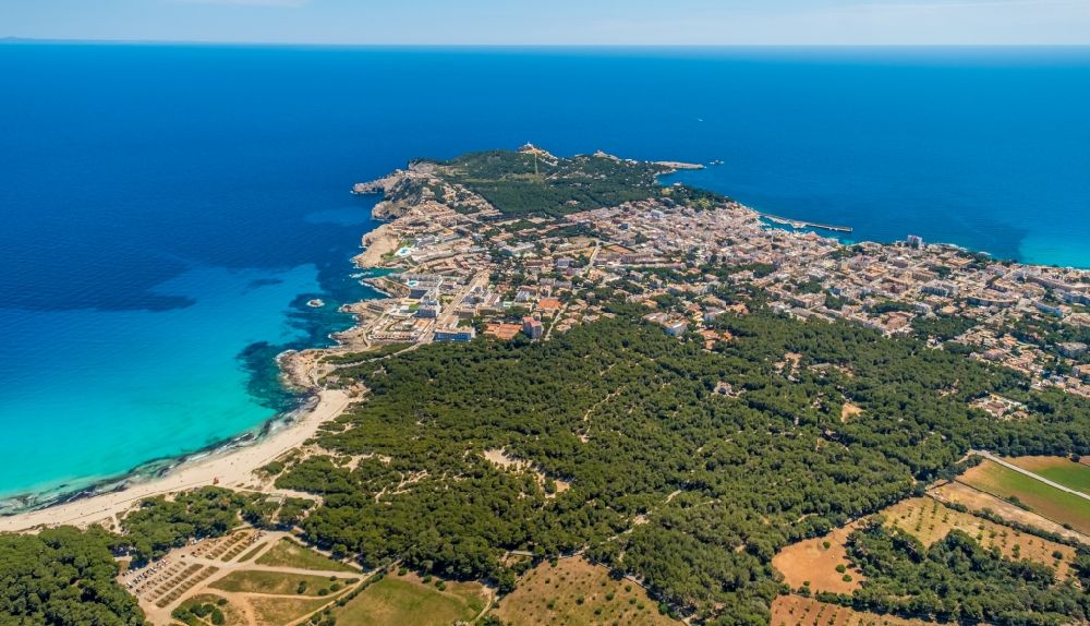 Aerial image Cala Rajada - City view on sea coastline in Cala Rajada in Islas Baleares, Spain