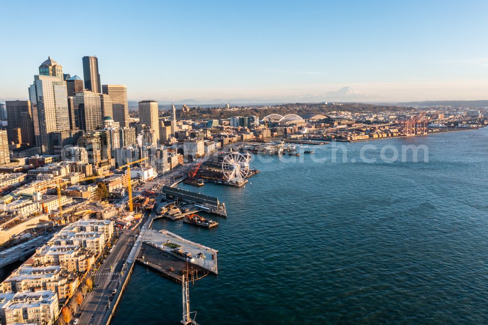Aerial image Seattle - City view on sea coastline Downtown Seattle in Seattle in Washington, United States of America