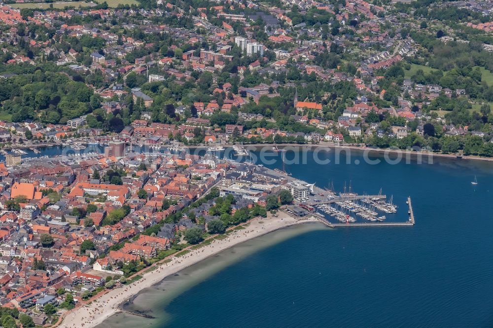 Eckernförde from above - City view at the sea coast area with beach and harbor in Eckernfoerde in the state Schleswig-Holstein, Germany