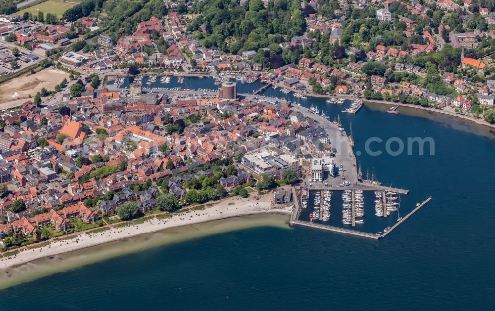 Aerial image Eckernförde - City view at the sea coast area with beach and harbor in Eckernfoerde in the state Schleswig-Holstein, Germany