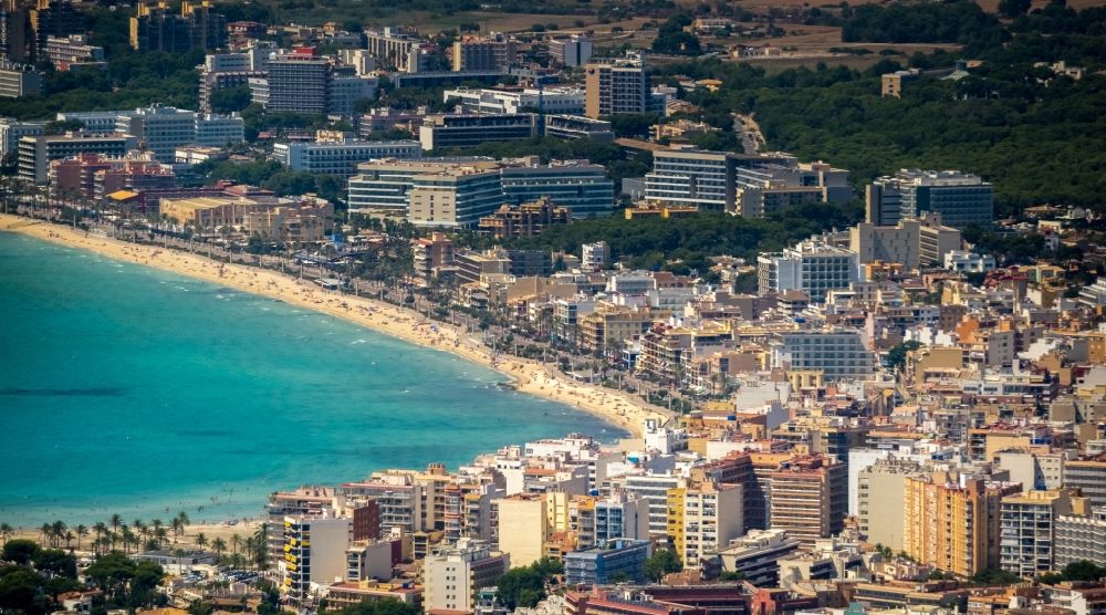 Aerial photograph Palma - City view on sea coastline in the district Platja de Palma in Palma in Balearische Insel Mallorca, Spain