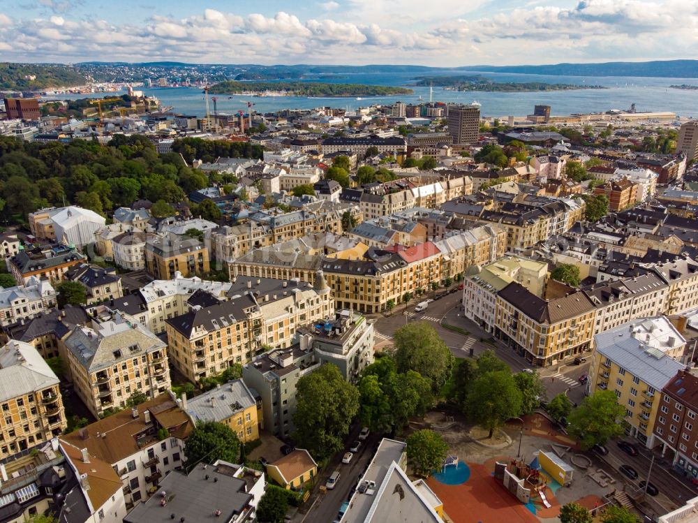 Oslo from the bird's eye view: City view on sea coastline of Oslofjorof in the district centrum in Oslo in Norway