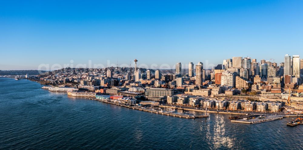 Aerial photograph Seattle - City view on sea coastline Waterfront in Seattle in Washington, United States of America with Skyline Seattle Downtown and Space Needle