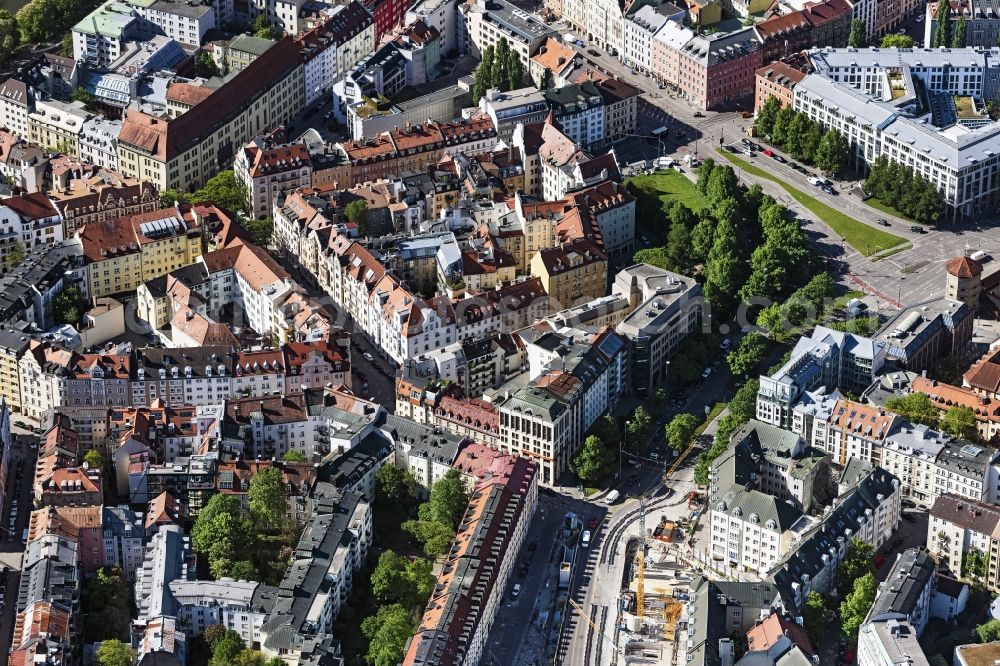 München from the bird's eye view: District Lehel in the city in Munich in the state Bavaria, Germany