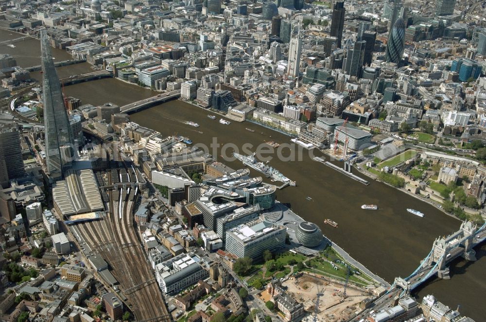 London from above - City view of downtown central London at Tower Bridge along the banks of the Thames