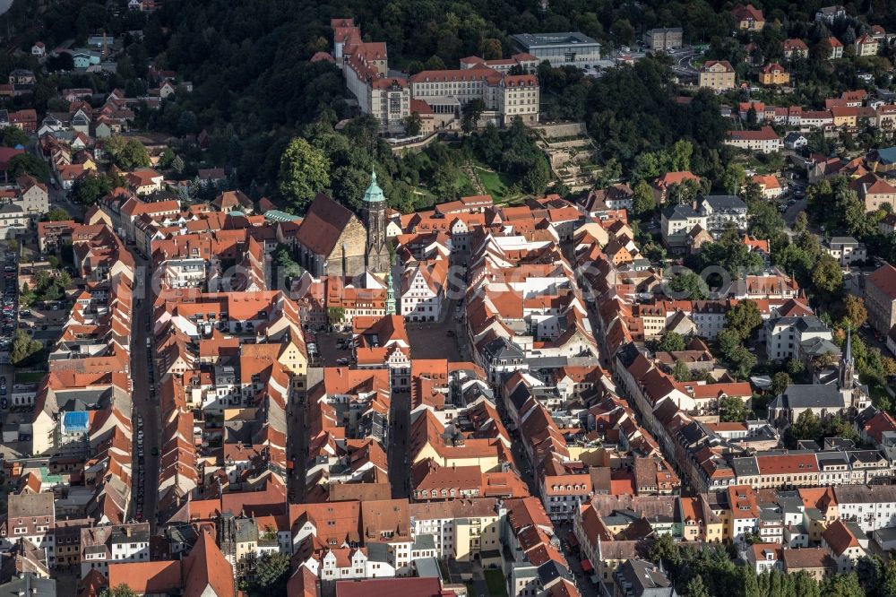 Aerial image Pirna - Cityscape of St. Mary's Church with the sun stone castle in Pirna in Saxony