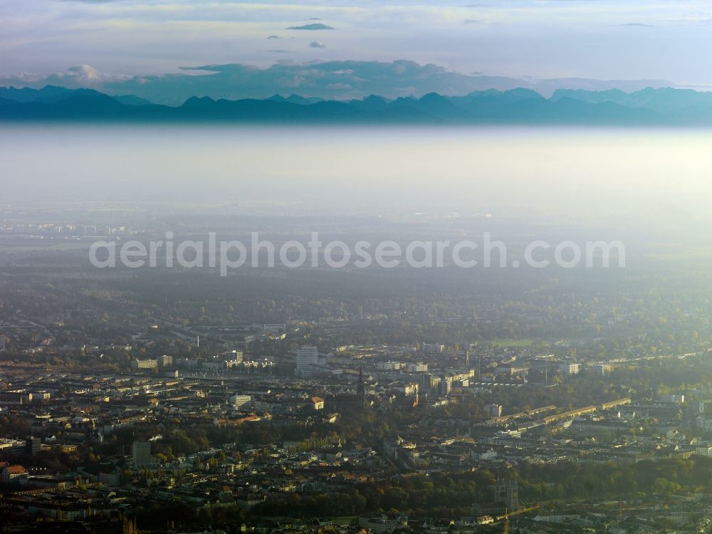 Aerial image München - Cityscape of Munich in the free state of Bavaria. In the foreground lies the Olympic Park, one of the landmark sites of the city. Located in the background are the city of Munich and mountains of the Alps