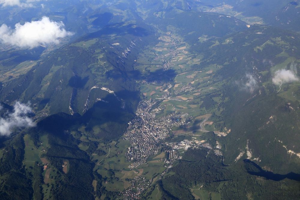 Moutier from the bird's eye view: Cityscape of Moutier and neighboring mountain landscape in the Swiss Jura in Switzerland