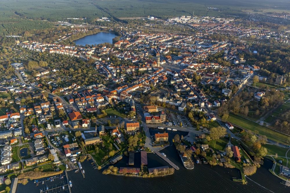 Neustrelitz from above - Cityscape of downtown area at the market square in Neustrelitz in Mecklenburg - Western Pomerania