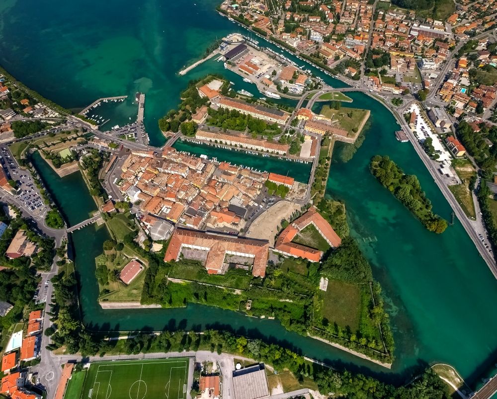 Aerial image Peschiera del Garda - City view of Peschiera del Garda in the province Verona in Italy. The City is locaded at the southern bank of the Gardasee. Also the Mincio river flows into the Gardasee
