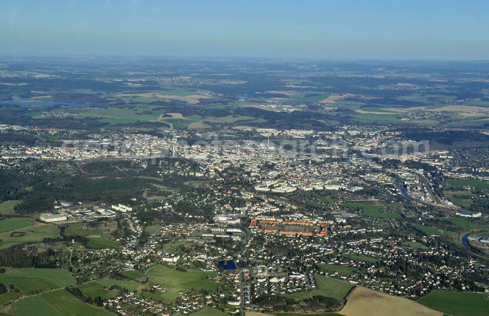 Plauen from above - Cityscape of Plauen in Saxony. Plauen is the greatest city in the Vogtland. In the center of the image seen striking the grounds of the former East German NVA Officer College of the East German border guards Rosa Luxembourg, which is now used as part of a conversion process as a commercial center