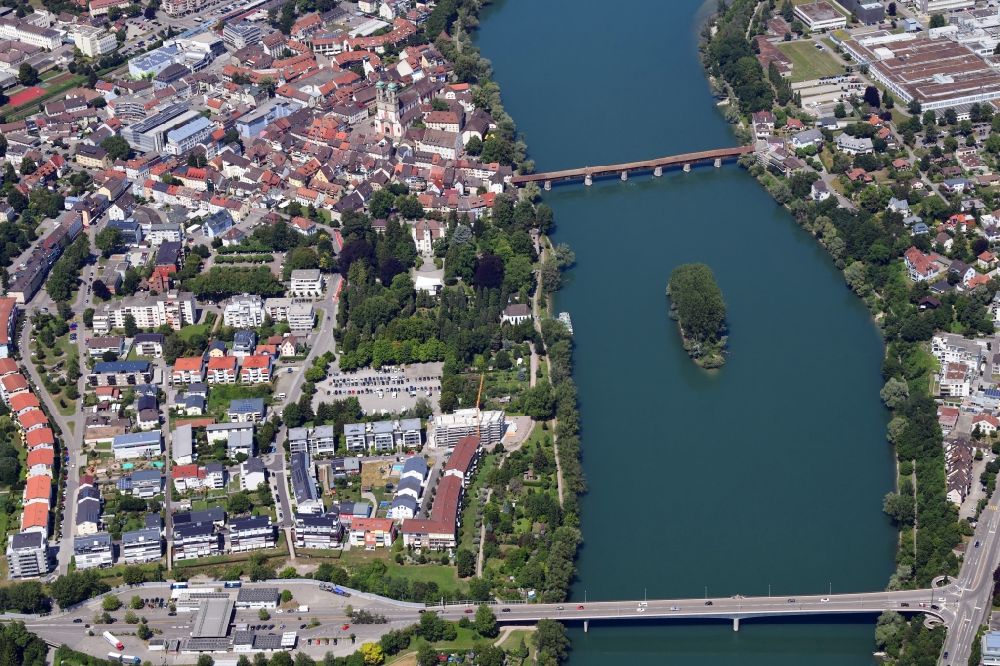 Bad Säckingen from above - City center with old town and St. Fridolins cathedral at the river Rhine with bridges to Switzerland in Bad Saeckingen in the state Baden-Wurttemberg, Germany