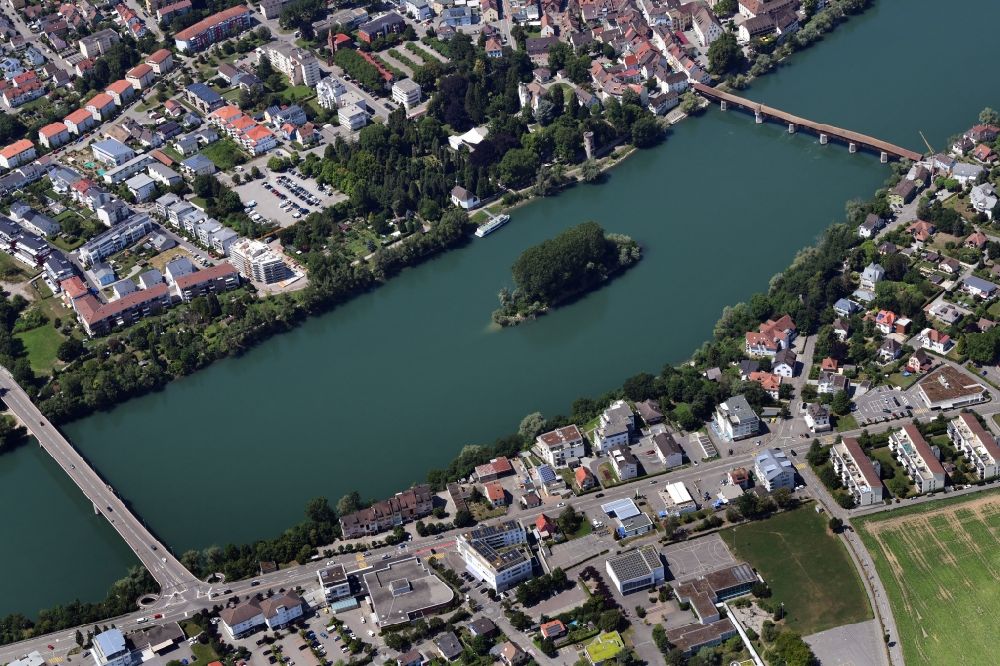 Bad Säckingen from the bird's eye view: City center with old town and St. Fridolins cathedral at the river Rhine with bridges to Switzerland in Bad Saeckingen in the state Baden-Wurttemberg, Germany
