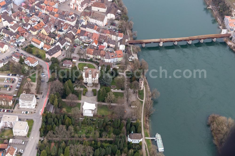 Stein from above - City center with old town and Castle Schoenau and the historic bridge to Switzerland crossing the river Rhine in Bad Saeckingen in the state Baden-Wurttemberg, Germany