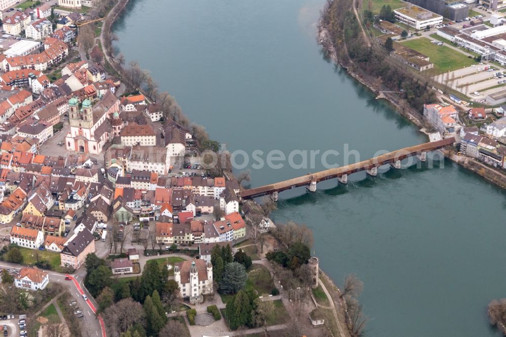 Aerial image Stein - City center with old town and Castle Schoenau and the historic bridge to Switzerland crossing the river Rhine in Bad Saeckingen in the state Baden-Wurttemberg, Germany