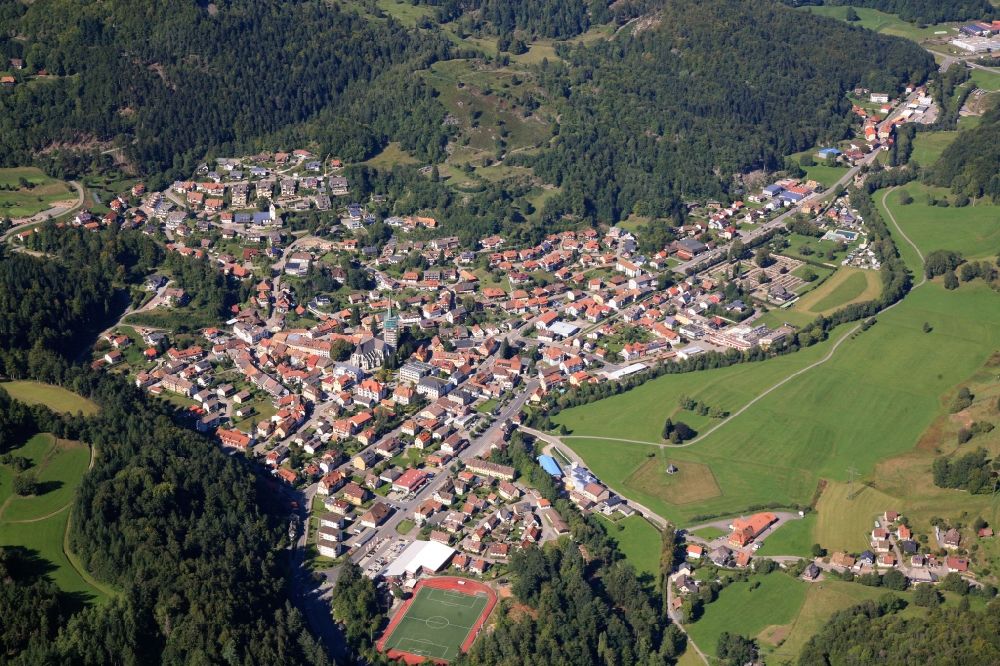 Schönau im Schwarzwald from the bird's eye view: City view of Schoenau in the Black Forest in the state Baden-Wuerttemberg. Schonau is the birthplace of national coach Jogi Loew
