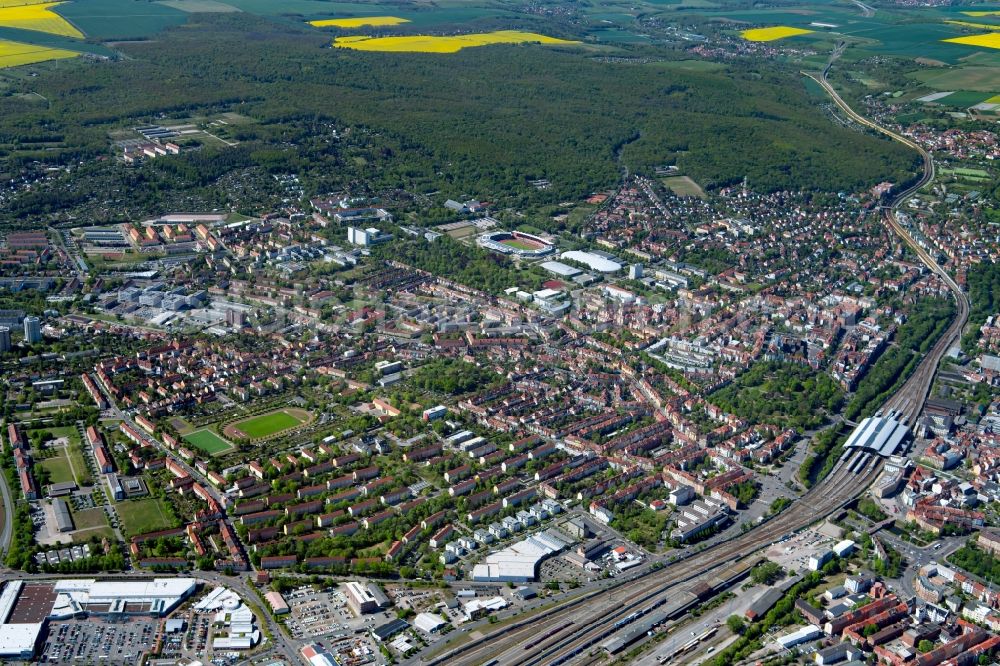 Erfurt from the bird's eye view: City view in the urban area of a??a??the southern urban areas in the district Loebervorstadt in Erfurt in the state Thuringia, Germany