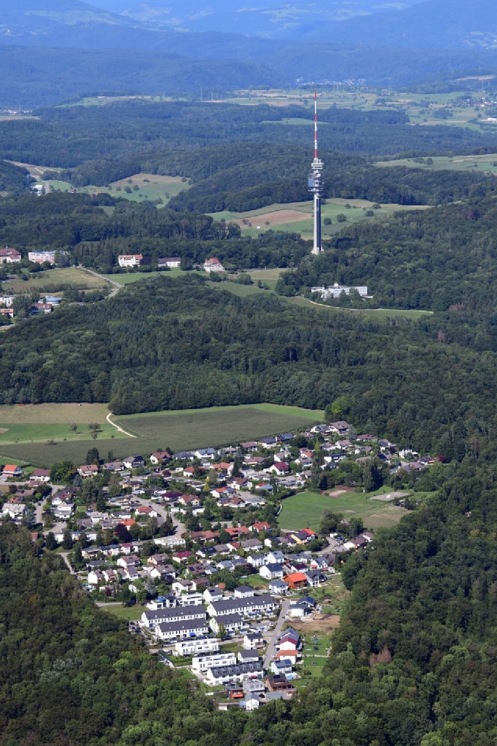Aerial image Grenzach-Wyhlen - Residential area and district Neufeld in in Grenzach-Wyhlen in the state Baden-Wurttemberg, Germany. Looking to the landmark and television tower St. Chrischona in Switzerland